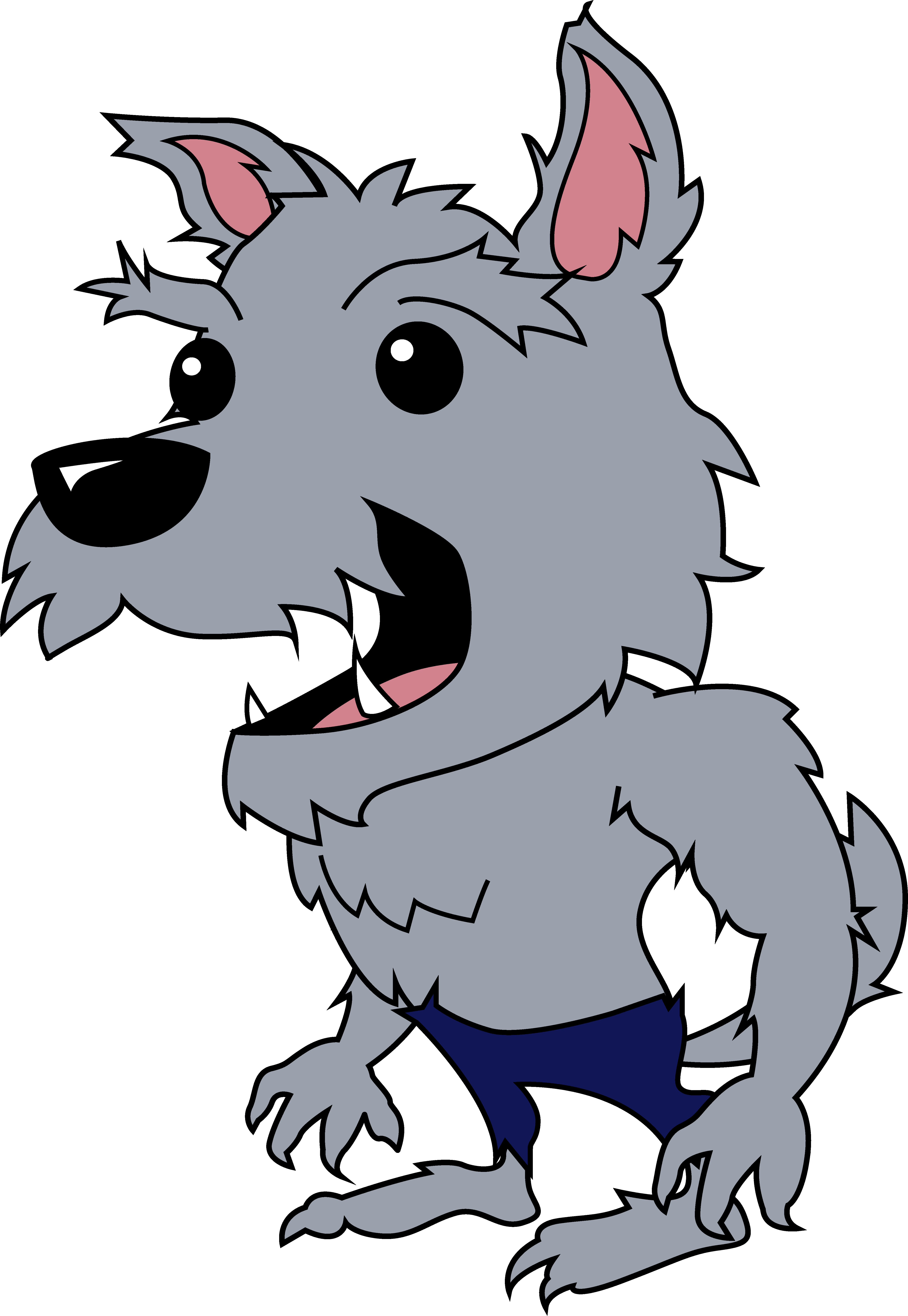 Cartoon gray werewolf with sharp teeth, pink ears, and blue shorts, roaring playfully.