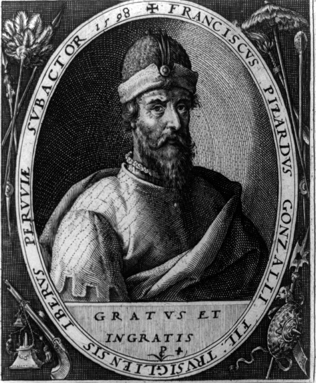 Engraved portrait of Francisco Pizarro, 16th-century Spanish conquistador, with Latin inscription identifying him and his titles.