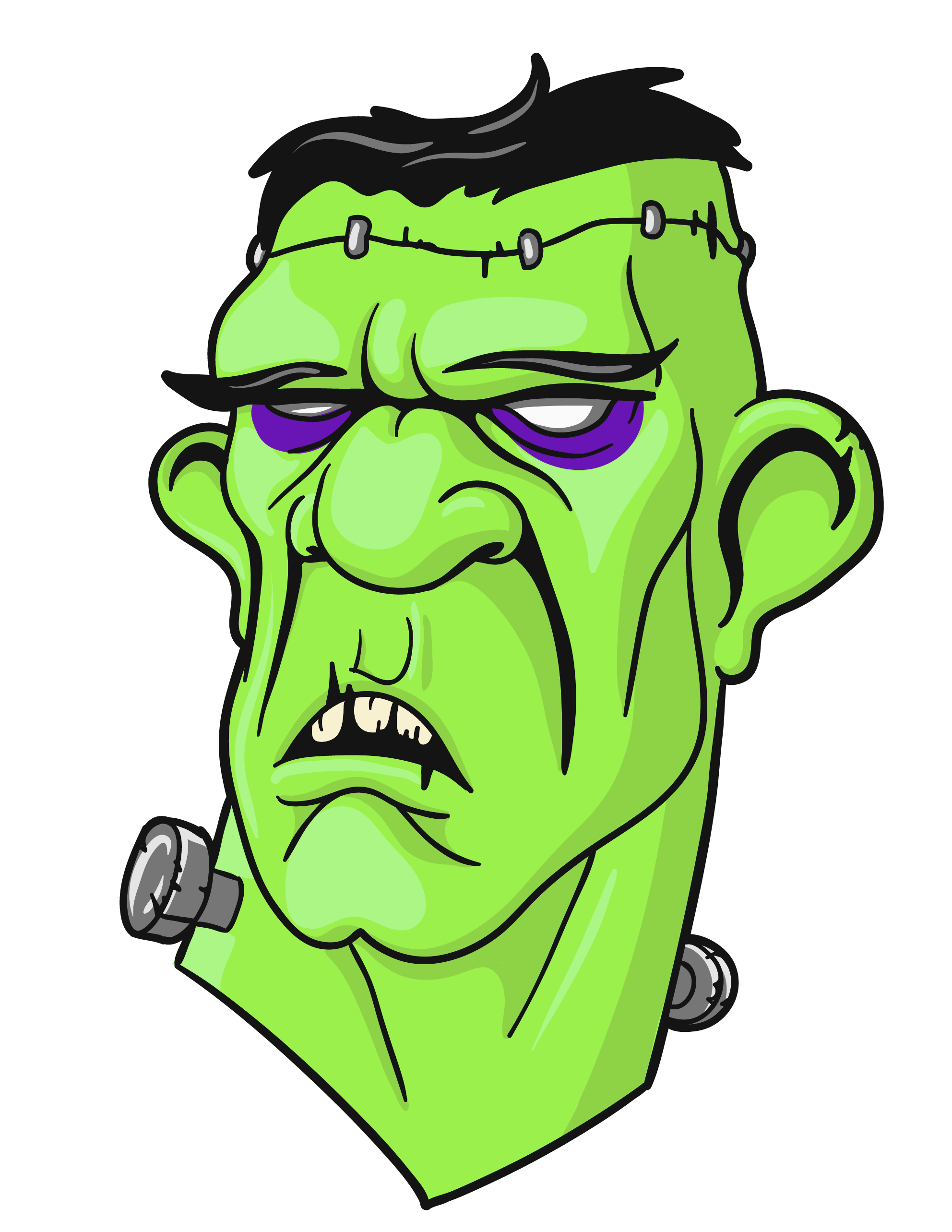 Cartoon-style green Frankenstein monster with stitched forehead, purple eyes, and metal bolts on neck and temples.