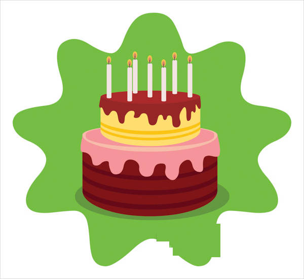 Two-tier birthday cake with pink and yellow frosting, chocolate layers, and seven lit candles on a green starburst background.