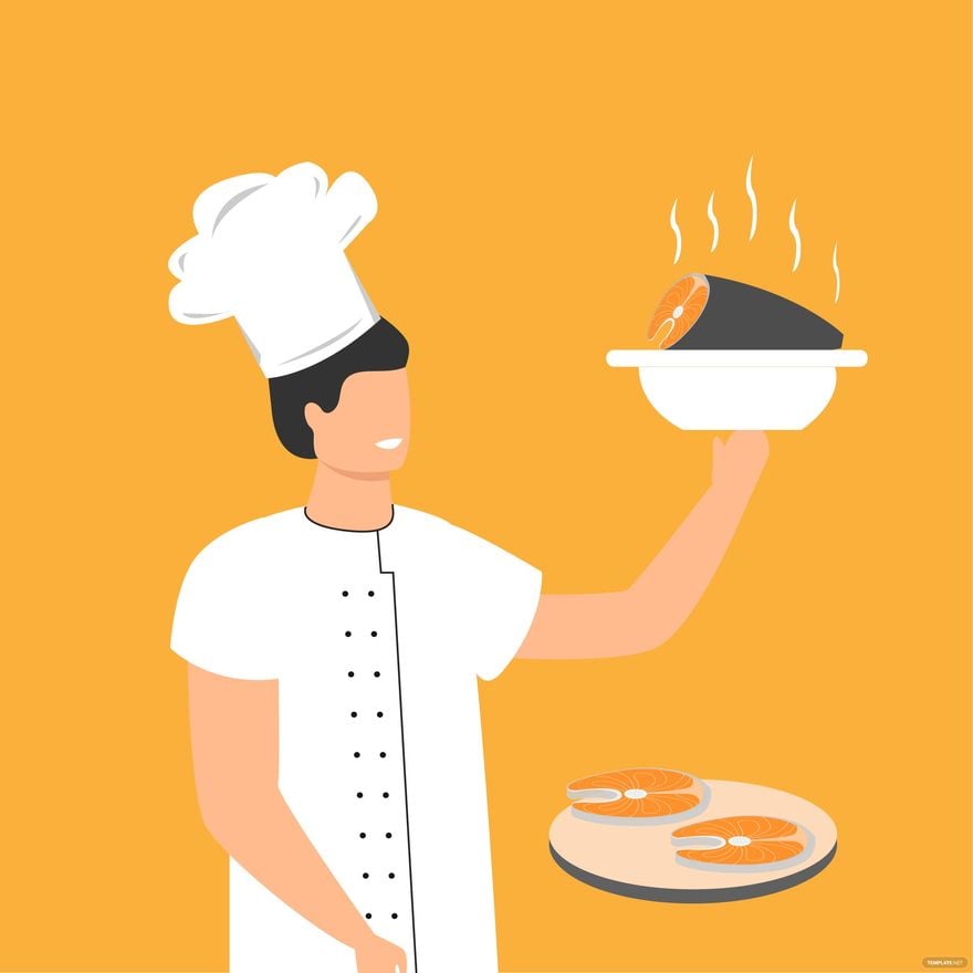 Chef in white uniform presenting steaming salmon dish on a plate with raw fillets nearby.