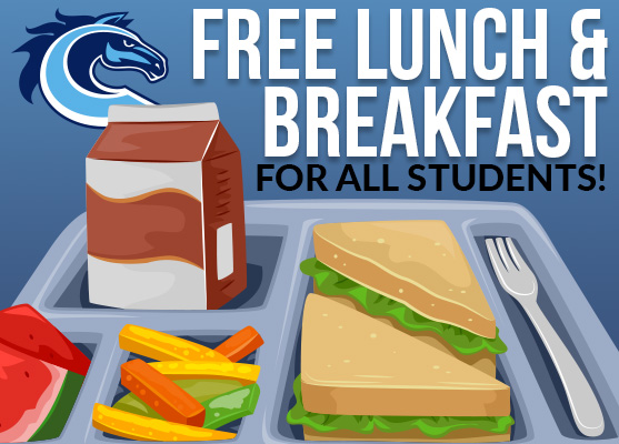 Free breakfast and lunch for all students-tray with sandwich, fruit, veggies, milk, and school logo.