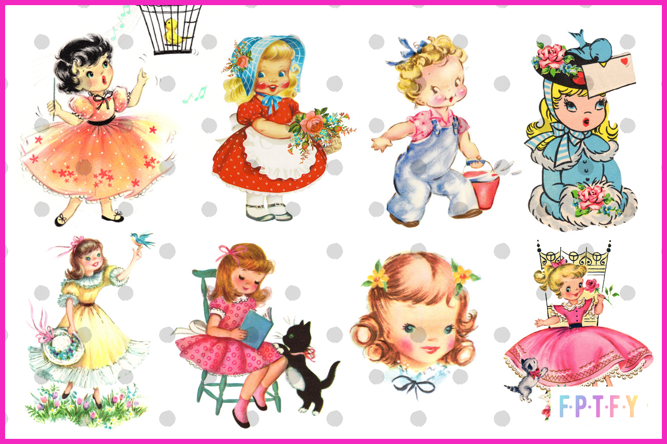 Vintage-style illustrated girls in colorful dresses, bonnets, and playful scenes with flowers, birds, and pets.