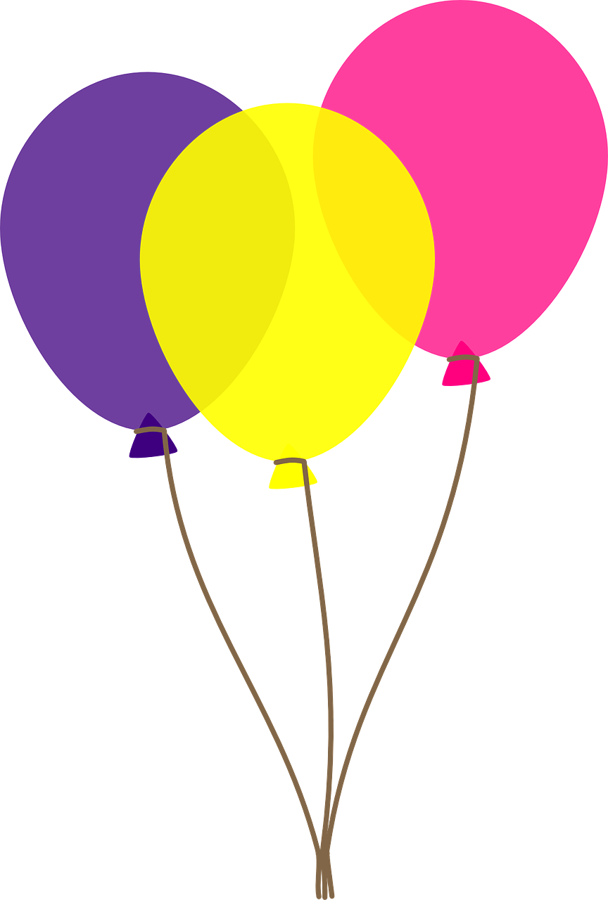 Three colorful balloons-purple, yellow, and pink-tied together with brown strings against a black background.