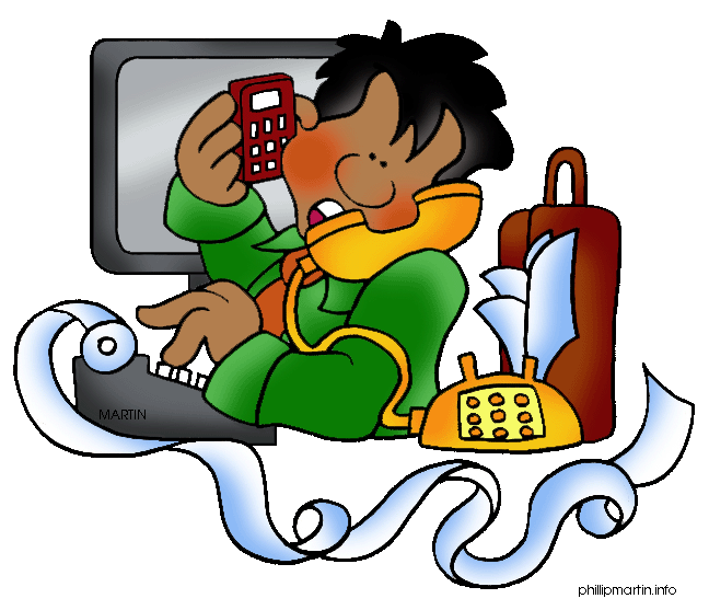 A busy office worker multitasking with computer, phone, calculator, and printer paper stream.