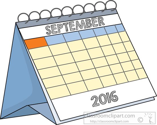 Illustrated desk calendar showing September 2016 with orange-highlighted first day and blue header.