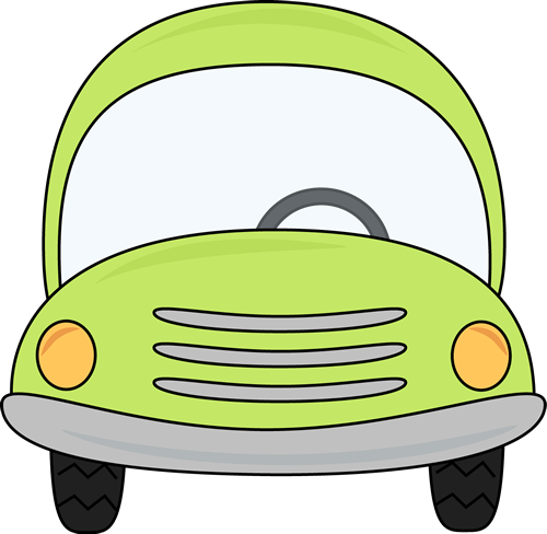 Bright green cartoon car with round headlights, silver grille, and black tires, front-facing on white background.