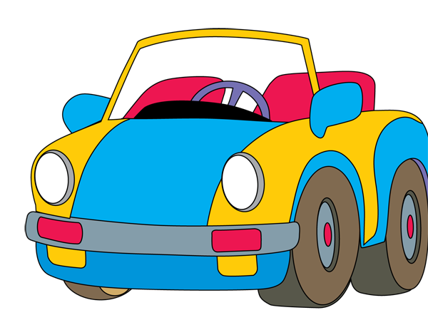 Colorful cartoon convertible car with blue body, yellow accents, red seats, and gray bumper.