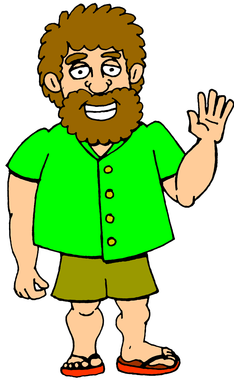 Cartoon man with curly brown hair, full beard, green shirt, waving hello.
