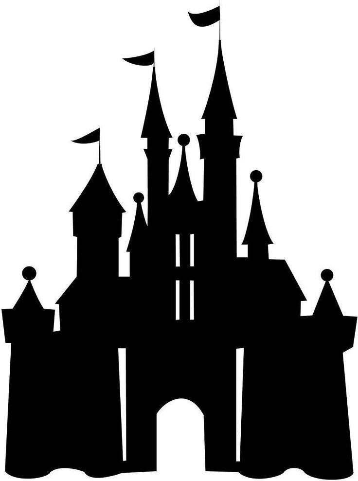 Silhouette of a fairytale castle with multiple turrets, flags, and an arched entrance.