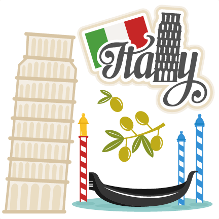 Iconic Italian landmarks including Leaning Tower of Pisa, gondola, olive branch, lighthouse, and Italian flag with "Italy" text.