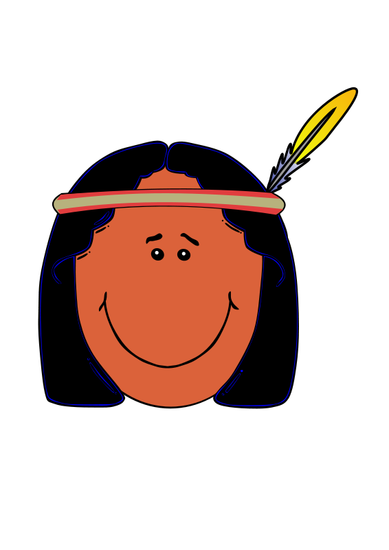 Smiling cartoon character with orange face, black hair, and a feathered headband.