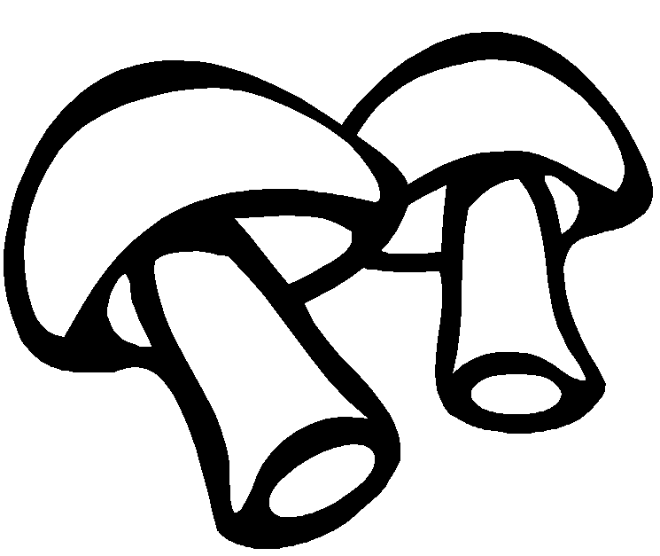 Two stylized black-and-white mushrooms with rounded caps and thick stems, overlapping in a simple line-art illustration.