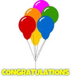 Colorful balloons tied together with "CONGRATULATIONS" text below in bold yellow letters on blue background.