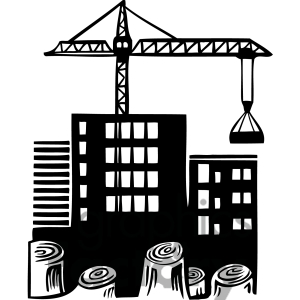 Black-and-white illustration of a construction crane above high-rise buildings with tree stumps in the foreground, symbolizing urban development and deforestation.