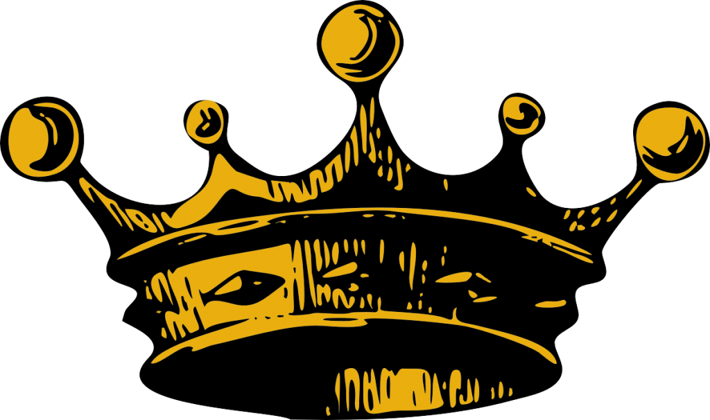 Golden ornate crown with five pointed tips and decorative filigree on black background.