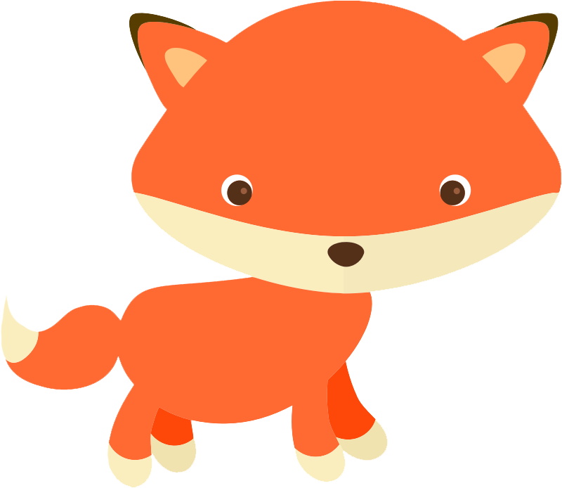 Cute cartoon orange fox with big eyes, smiling face, and bushy tail, in flat vector style.