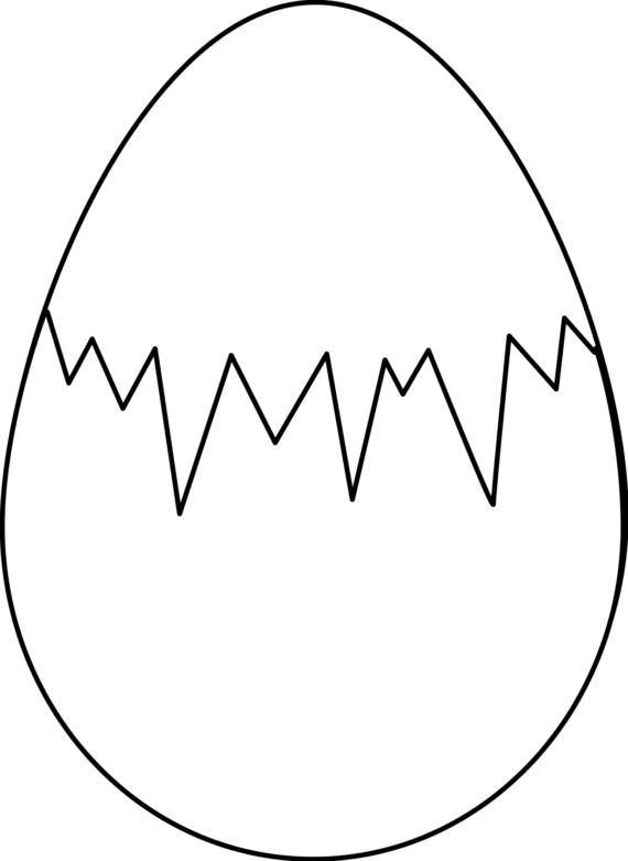 A white egg with a jagged crack across its middle, indicating it's about to hatch, on a black background.