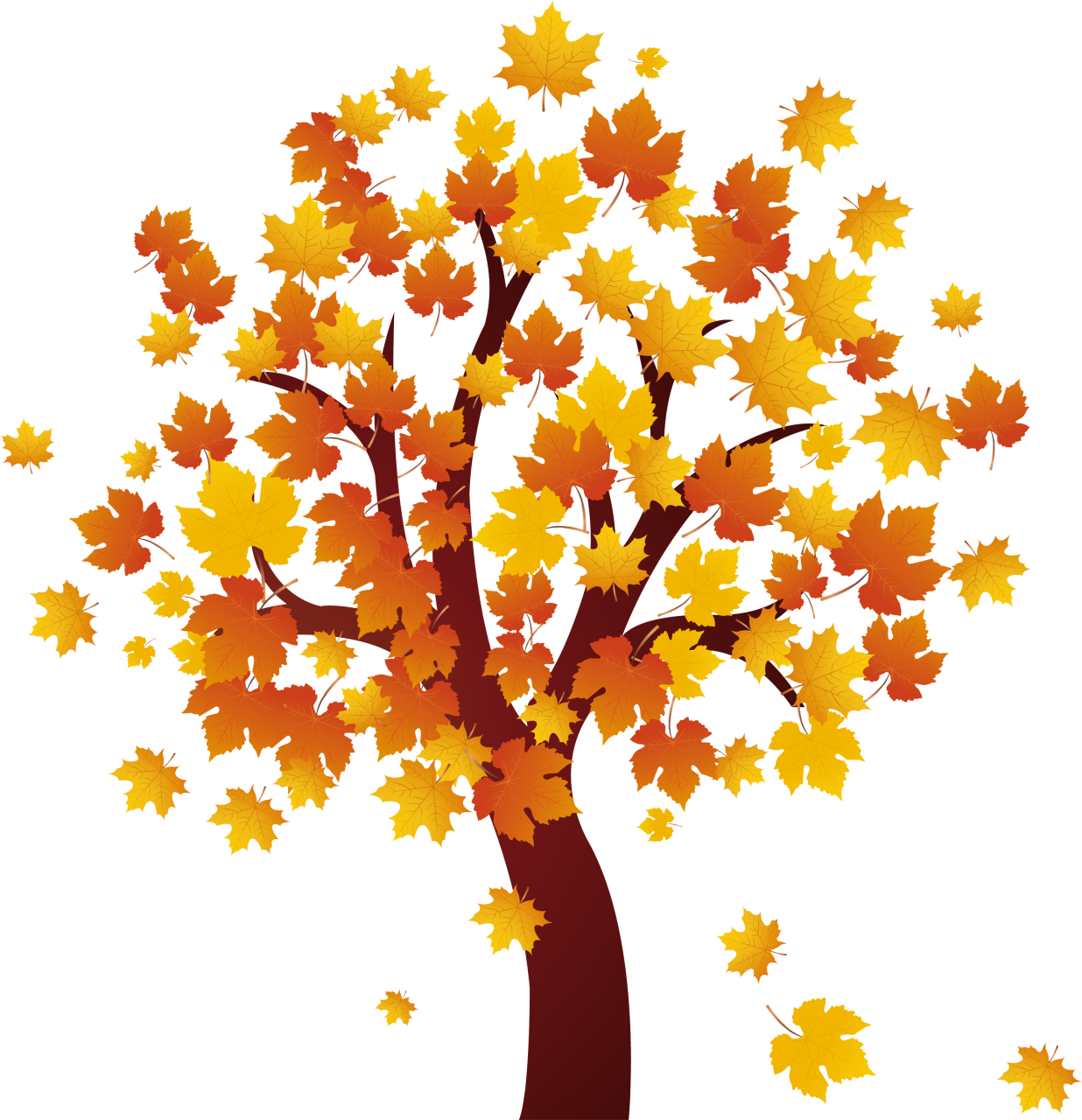 Vibrant autumn maple tree with orange, yellow, and red leaves falling against a black background.