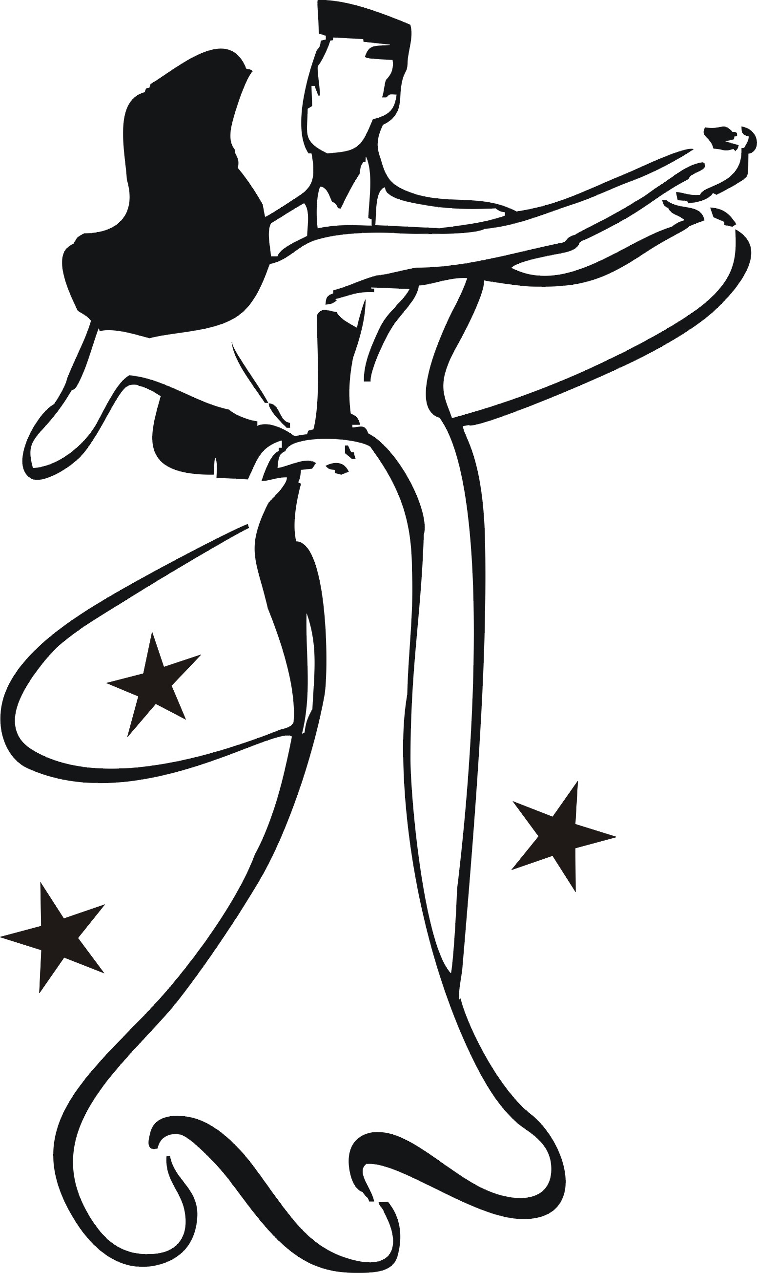 Silhouetted couple dancing elegantly with flowing gown, stars accenting the motion.
