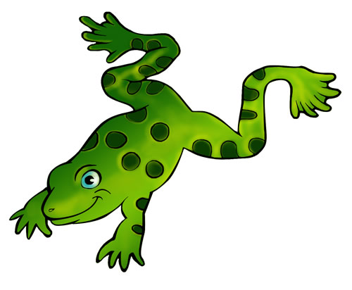 Green cartoon frog with black spots, smiling and mid-leap against white background.
