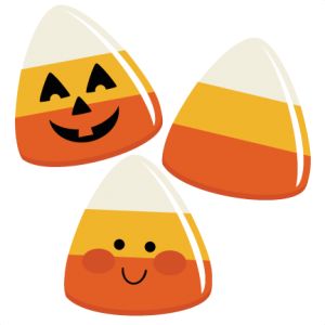 Three candy corn illustrations: one with a jack-o'-lantern face, one plain, and one with a smiling face and cheeks.