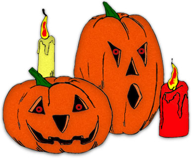 Two carved Halloween pumpkins with spooky faces, lit by yellow and red candles.