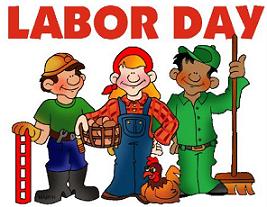 Three cartoon workers-construction, farm, and cleaning-celebrating Labor Day with tools and a rooster.