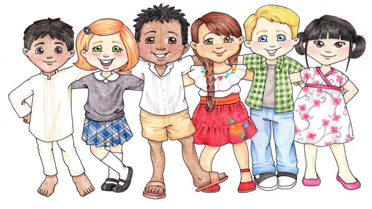 Six diverse children standing arm-in-arm, smiling, wearing culturally varied clothing including traditional and modern outfits.