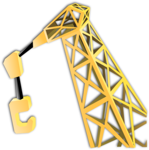Yellow lattice boom crane with hook against black background, 3D-rendered.