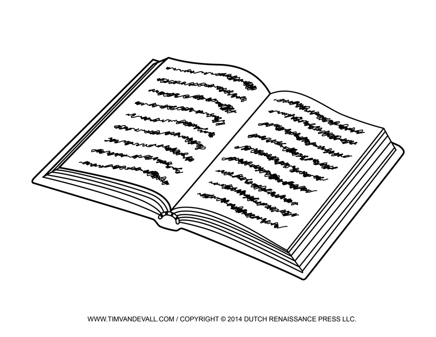 Open book with scribbled text lines, black-and-white line drawing illustration.