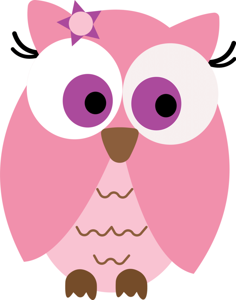 Pink cartoon owl with big purple eyes, star bow, and wavy feather details.