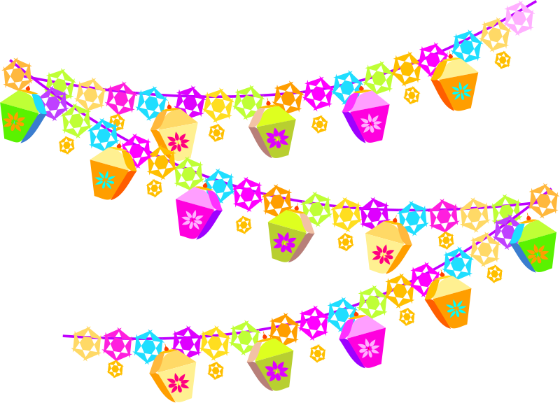 Colorful festive lantern and star garlands strung in three rows against black background.