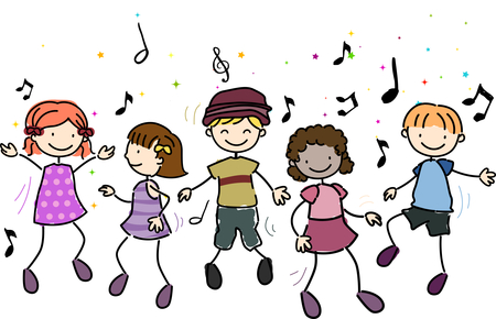 Five diverse cartoon children dancing joyfully with musical notes floating around them.