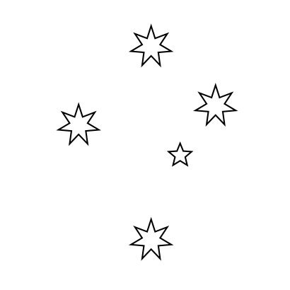 Five white outlined stars of varying sizes arranged in a loose cluster on a black background, resembling a simple constellation.