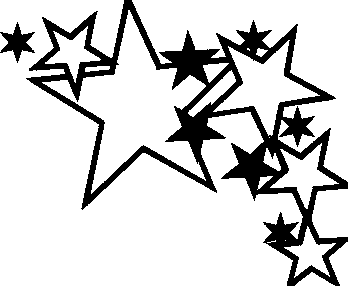 Black and white star cluster illustration with outlined and solid stars in dynamic arrangement.
