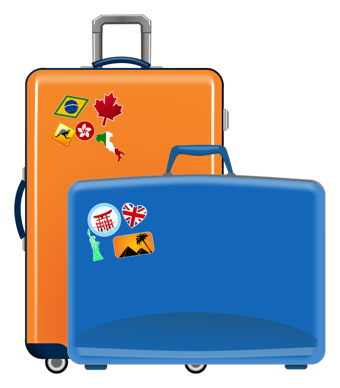 Two travel suitcases-orange and blue-with international destination stickers including Brazil, Canada, Italy, UK, Japan, Egypt, and Australia.