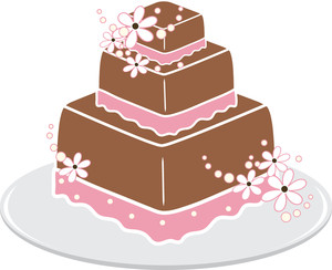 Three-tiered chocolate wedding cake with pink ribbons and white cherry blossoms on a white plate.