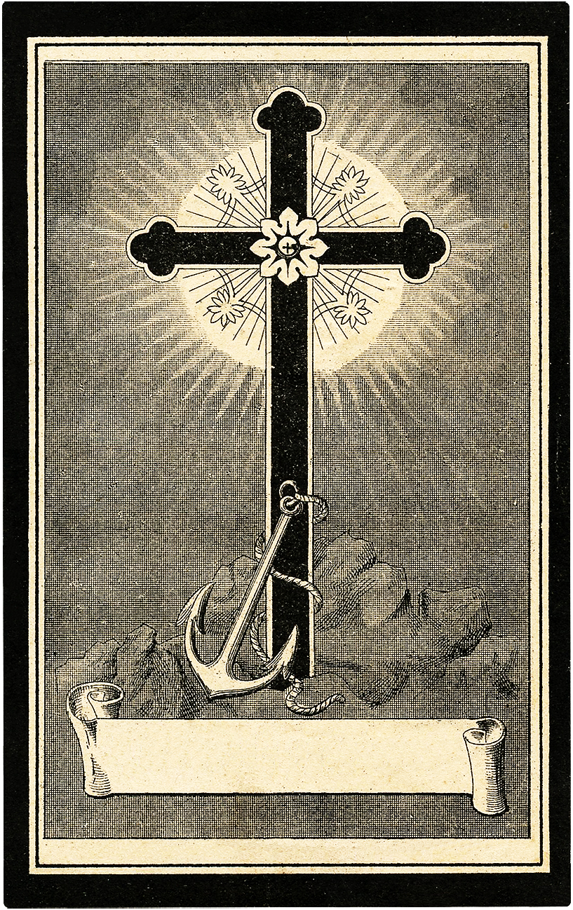 A black ornate cross with floral motifs and radiant light, an anchor at its base, and a blank scroll below-symbolizing Christian hope and steadfast faith.