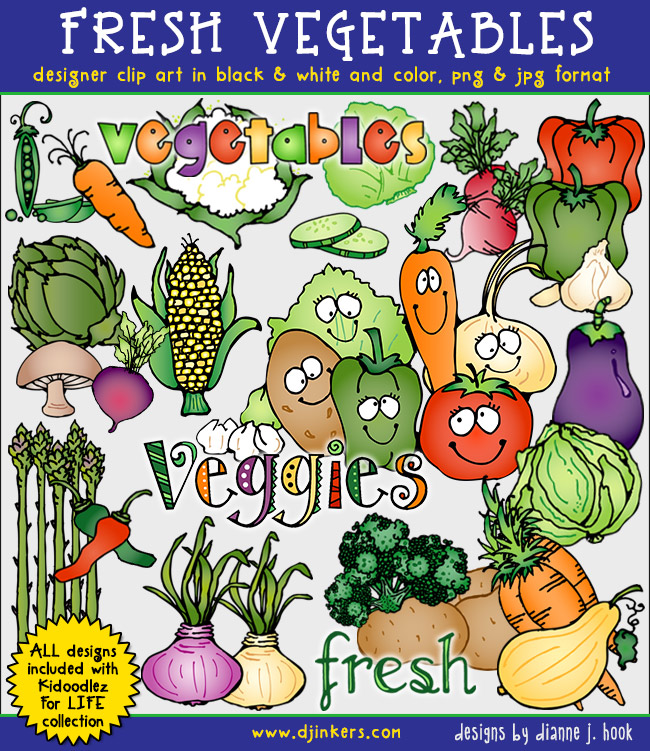 Fresh Vegetables Clip Art - Designer Illustrations in Color & B&W