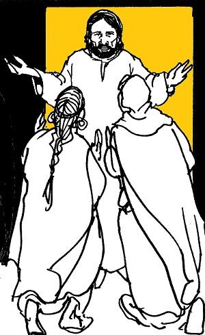 Jesus with outstretched arms blessing two kneeling followers in a stylized line drawing against a yellow background.