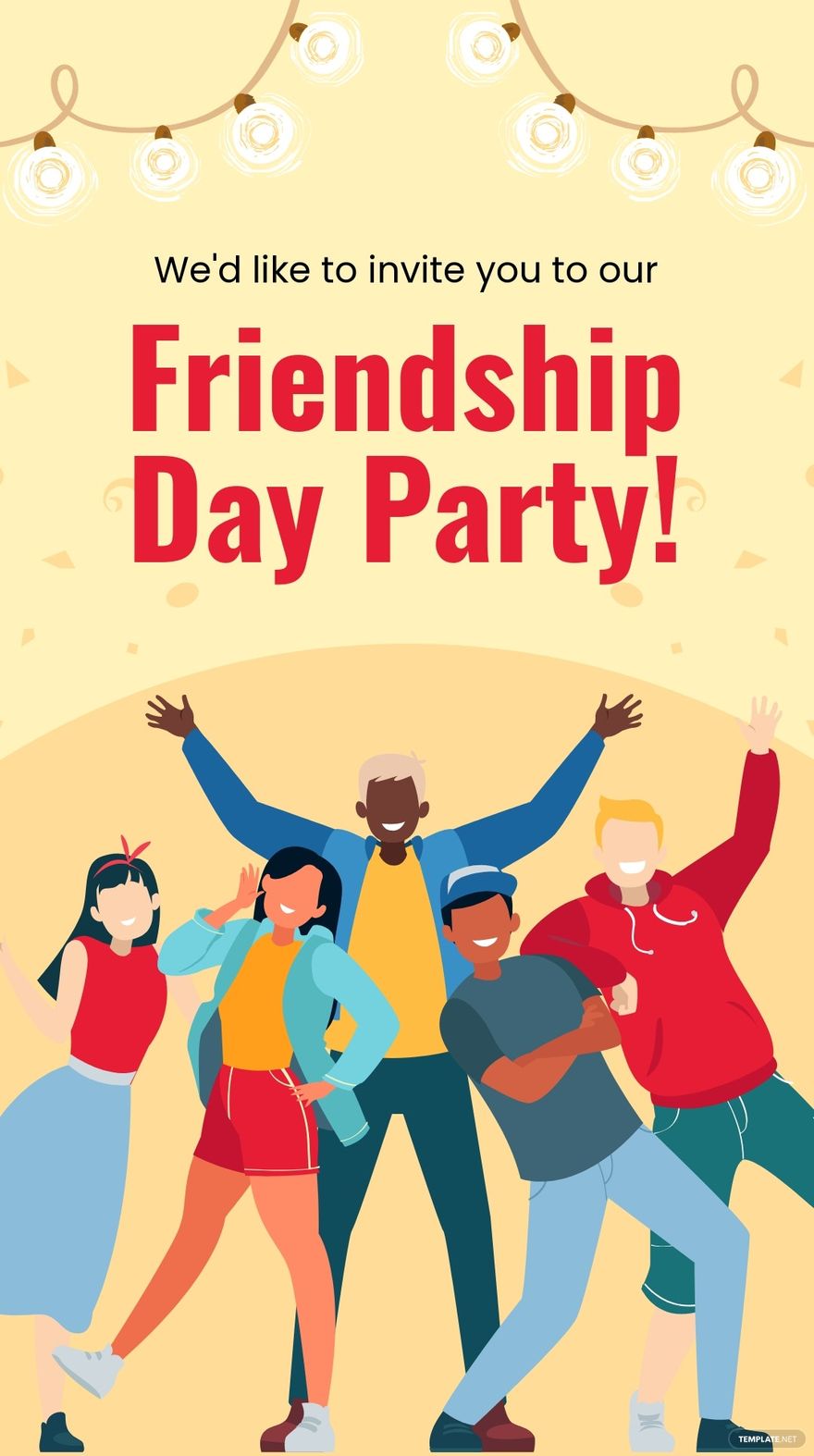 Diverse group of friends celebrating at a Friendship Day party with string lights and confetti.