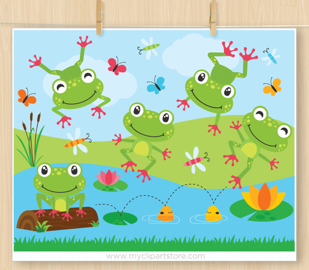 Cheerful green frogs playing in a pond with lily pads, butterflies, and dragonflies under a blue sky.