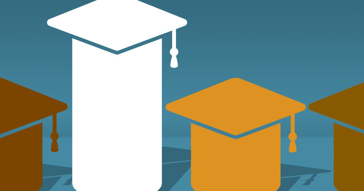 A white graduation cap stands prominently among several orange caps against a teal background, symbolizing academic achievement and distinction.