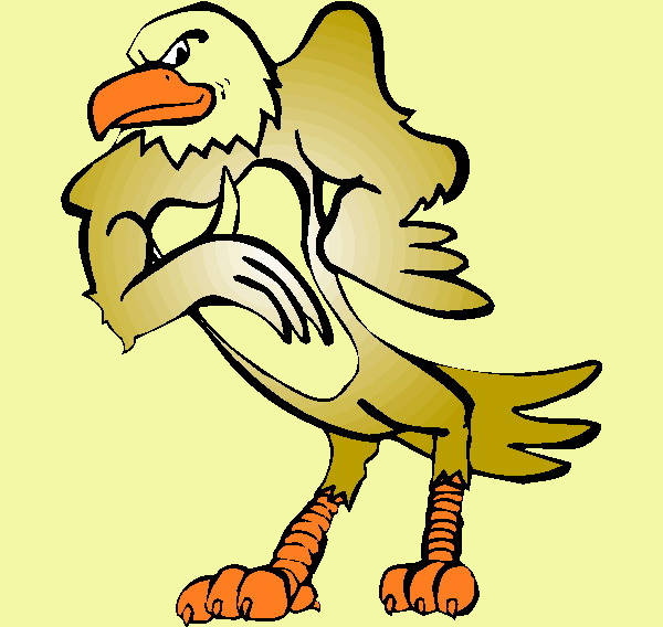 Stylized cartoon eagle with orange beak and talons, flexing muscular arms in a confident pose against pale yellow background.