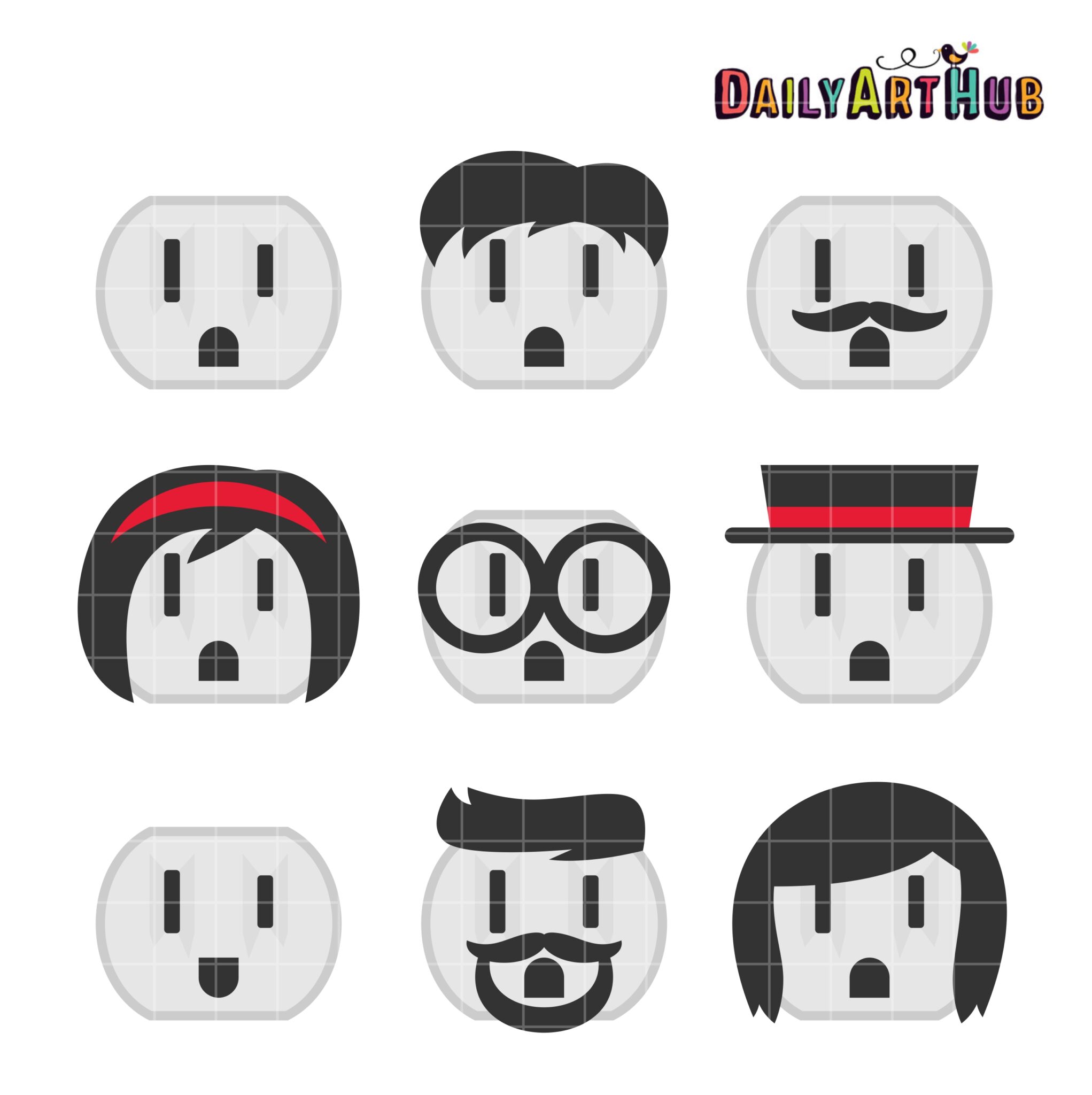 Nine creative emoji-style faces designed as electrical outlets with accessories like mustaches, glasses, hats, and hairstyles.