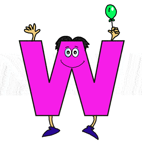 A cheerful pink letter 'W' character with eyes, hair, arms, legs, and a green balloon in one hand.
