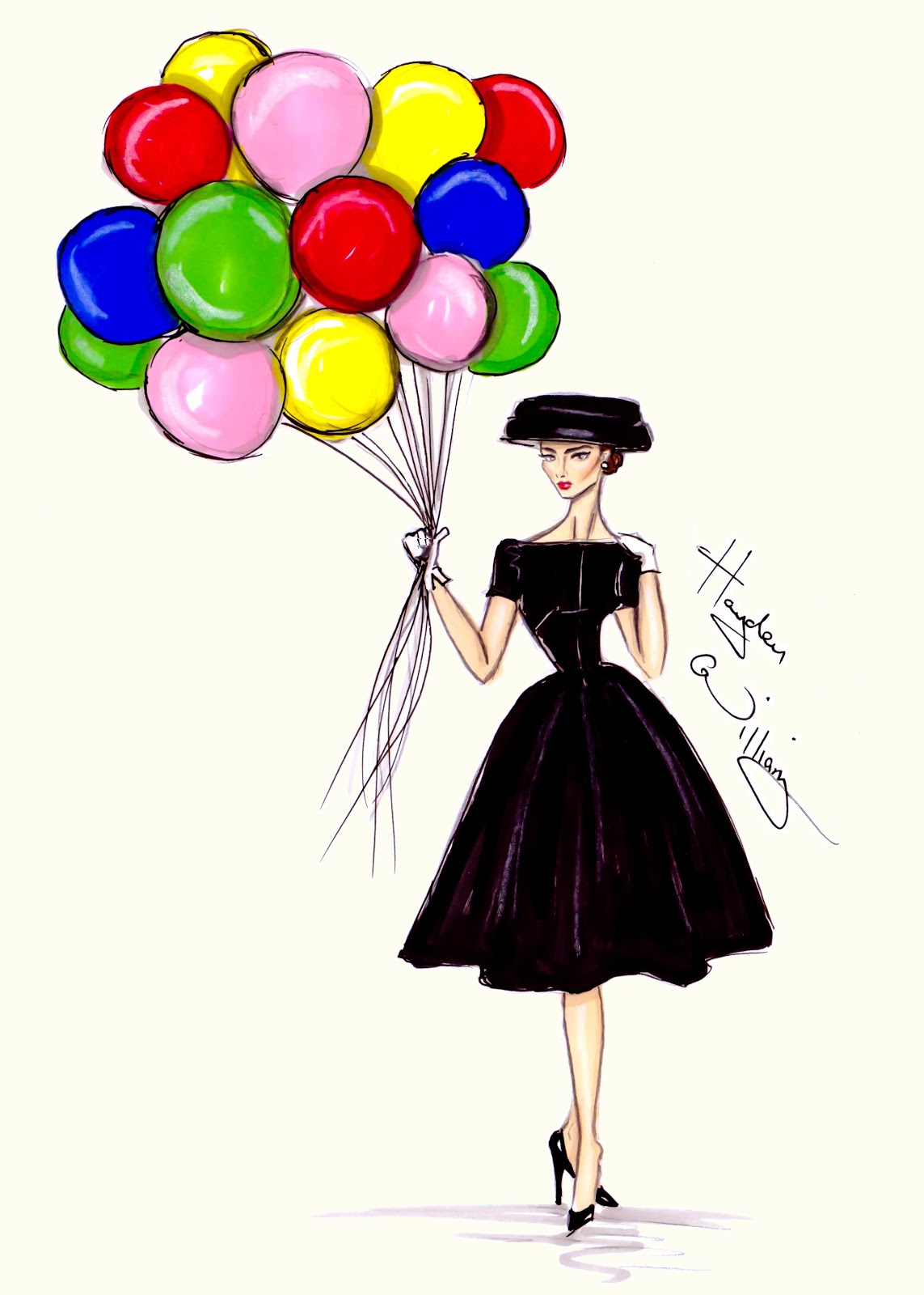Elegant woman in black dress and hat holding colorful balloons, fashion illustration by Hayden Williams.