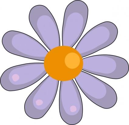 A stylized purple daisy with eight petals and a bright orange center, featuring subtle pink spots on the petals.