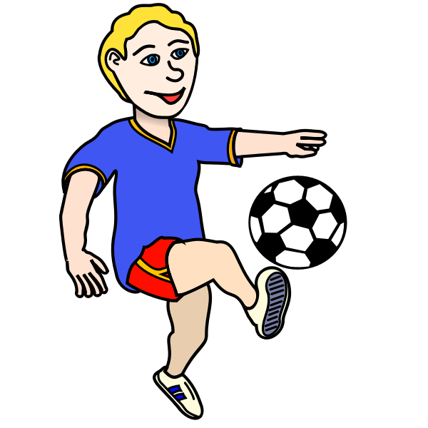 Cartoon boy in blue jersey kicking a soccer ball, smiling with blond hair and red shorts.